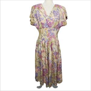 VINTAGE 90s dress floral short‎ sleeve button up back midi M